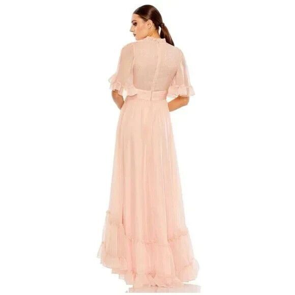 MAC DUGGAL RUFFLED MOCK NECK FLUTTER SLEEVE HIGH LOW HEM GOWN PINK BLUSH SZ 20 - Picture 4 of 6